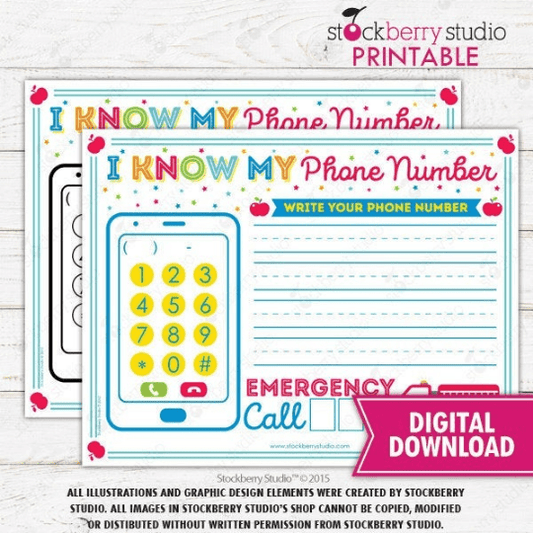 Kids Phone Number Tracing, Practice Worksheet - Homeschool - Preschool - Kindergarten - Stockberry Studio