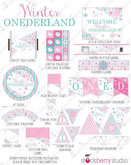 Winter Onederland Birthday Decorations Printable Party Kit - Stockberry Studio