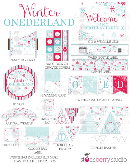 Winter Onederland Birthday Decorations Printable Party Kit - Stockberry Studio