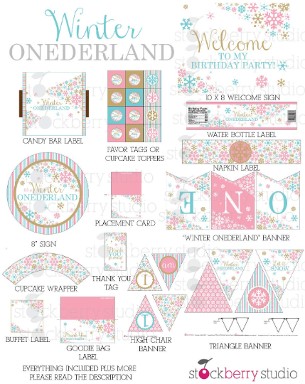 Winter Onederland Birthday Decorations Printable Party Kit - Stockberry Studio