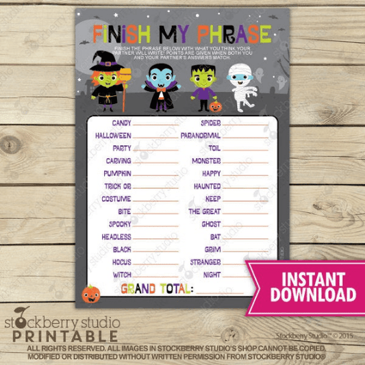 Halloween Finish My Phrase Party Game - Printable - Stockberry Studio