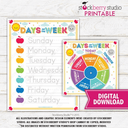 Days of the Week Rainbow Wheel and Tracing Worksheet - Homeschool - Preschool - Kindergarten - Stockberry Studio