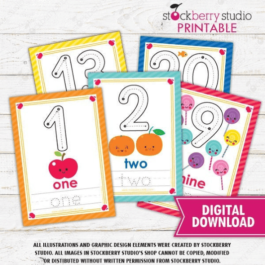 Counting Flashcards Numbers 1-20 - Homeschool - Preschool - Kindergarten Activity - Stockberry Studio