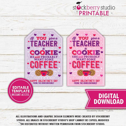 Valentine Teacher Coffee Cookie Tag Template - Stockberry Studio