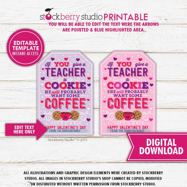 Valentine Teacher Coffee Cookie Tag Template - Stockberry Studio
