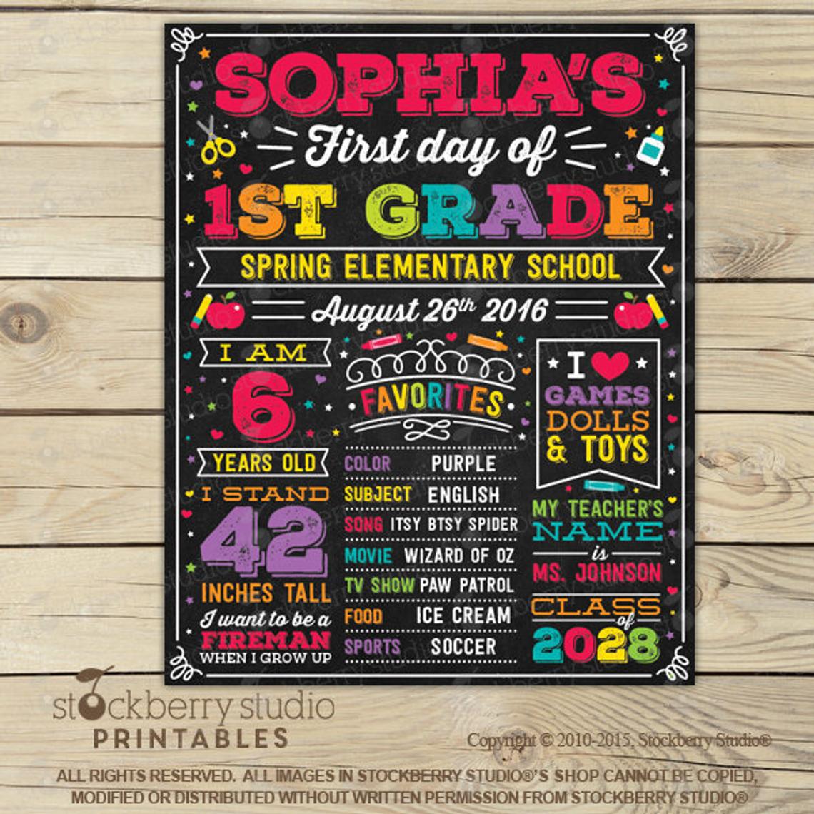 First Day of School Chalkboard Personalized Printable Sign