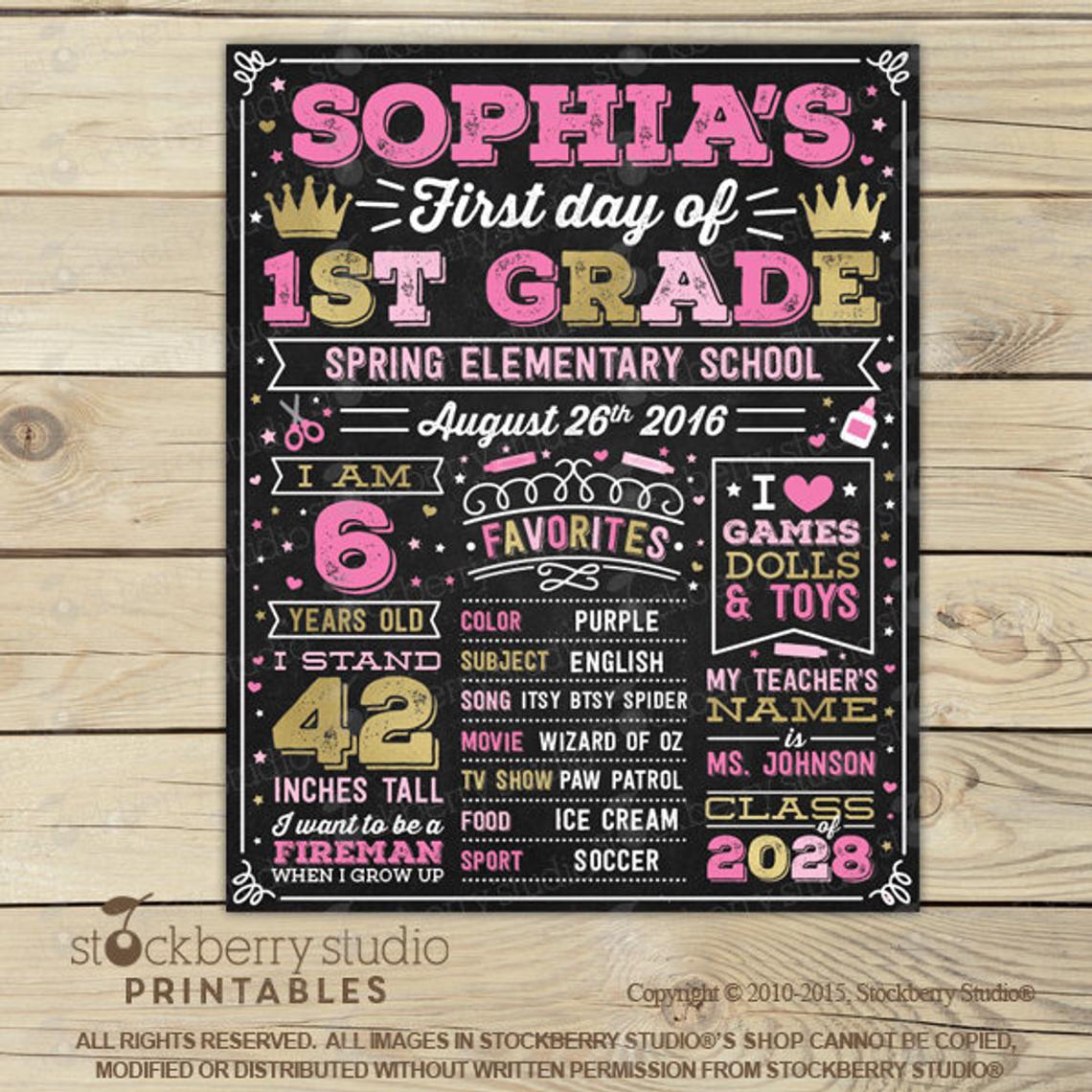 First Day of School Chalkboard Personalized Printable Sign