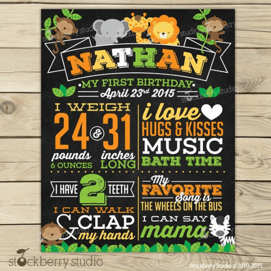 Safari Chalkboard Poster Printable - Jungle First Birthday Chalkboard Sign - Stockberry Studio